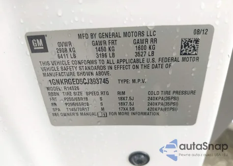 2012 Chevrolet Traverse 1Lt из США, поврежденный, VIN 1GNKRGED5CJ393745